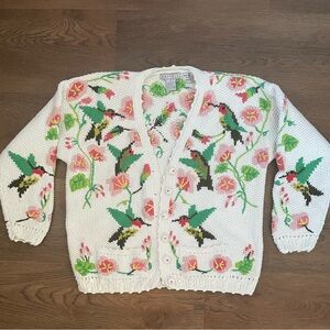 Hand Knit Hummingbird and Floral Cardigan- Vintage 90s Granny